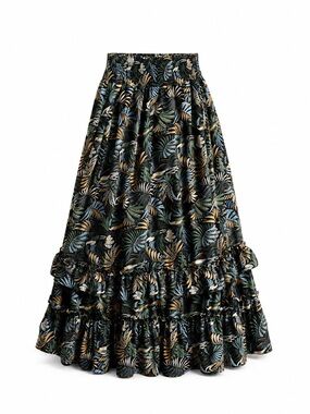 Robert Louis Tropical Leaf Print Tiered Maxi Skirt Boho Smocked Waist Women’s